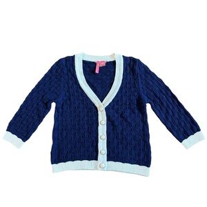Charlotte Tarantola Crochet Knit Cardigan Size Small Navy Cream Nautical Preppy